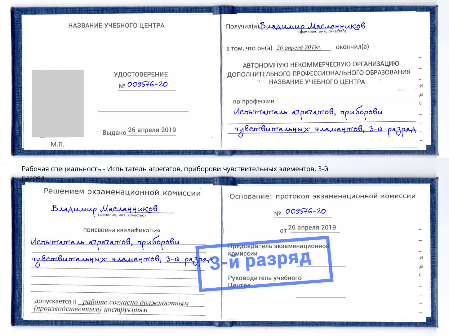 корочка 3-й разряд Испытатель агрегатов, приборови чувствительных элементов Балашов