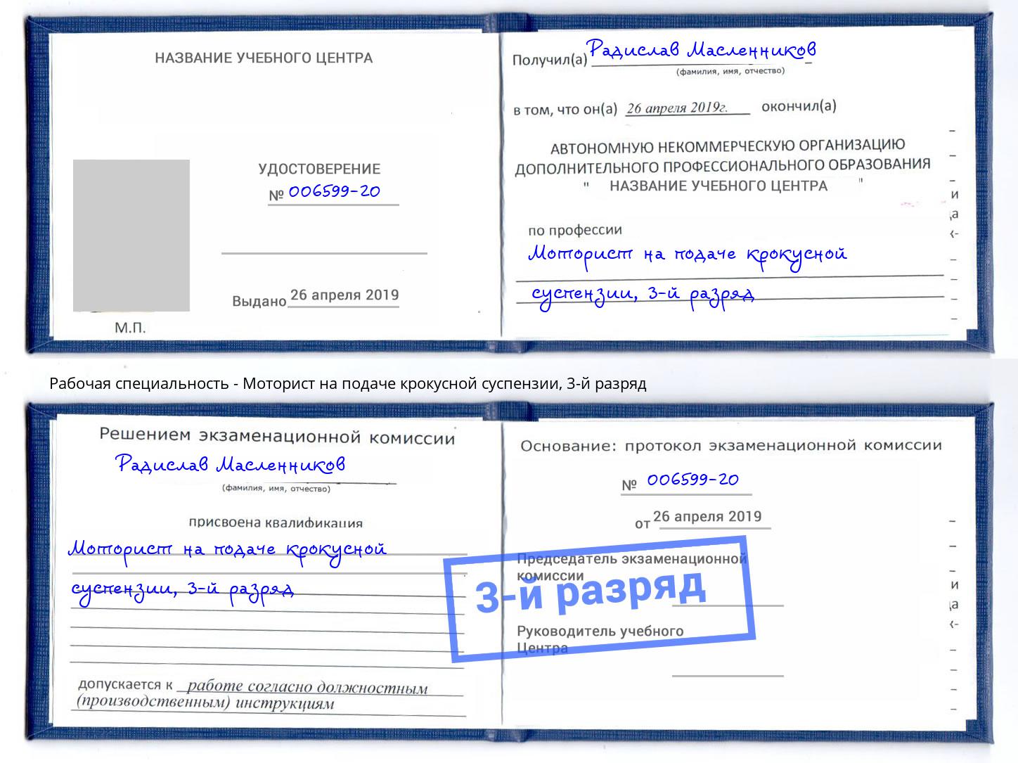 корочка 3-й разряд Моторист на подаче крокусной суспензии Балашов