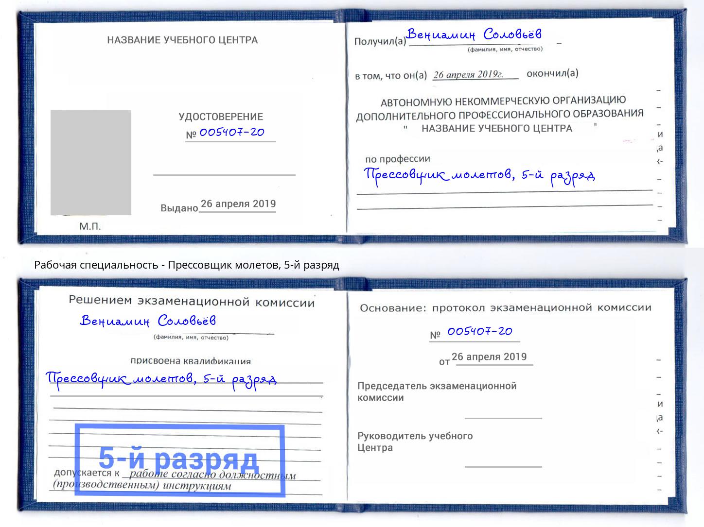 корочка 5-й разряд Прессовщик молетов Балашов
