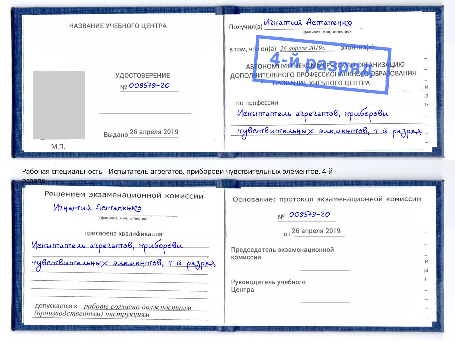 корочка 4-й разряд Испытатель агрегатов, приборови чувствительных элементов Балашов