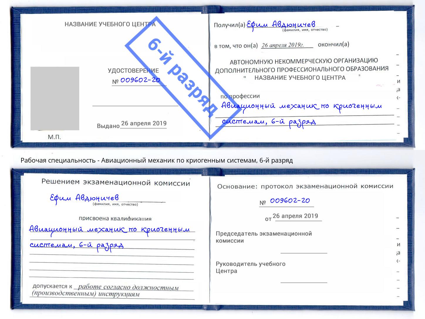 корочка 6-й разряд Авиационный механик по криогенным системам Балашов