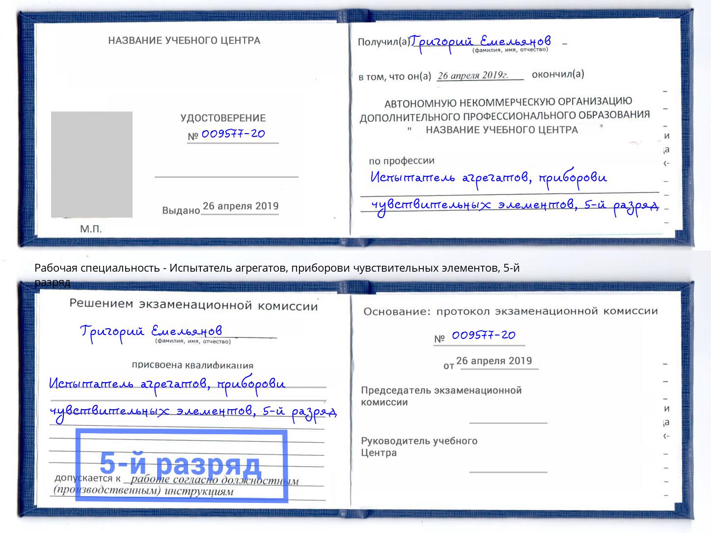 корочка 5-й разряд Испытатель агрегатов, приборови чувствительных элементов Балашов