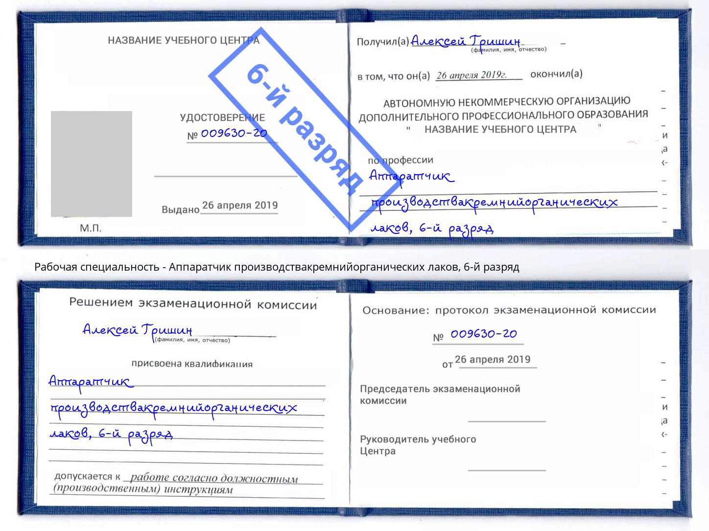 корочка 6-й разряд Аппаратчик производствакремнийорганических лаков Балашов